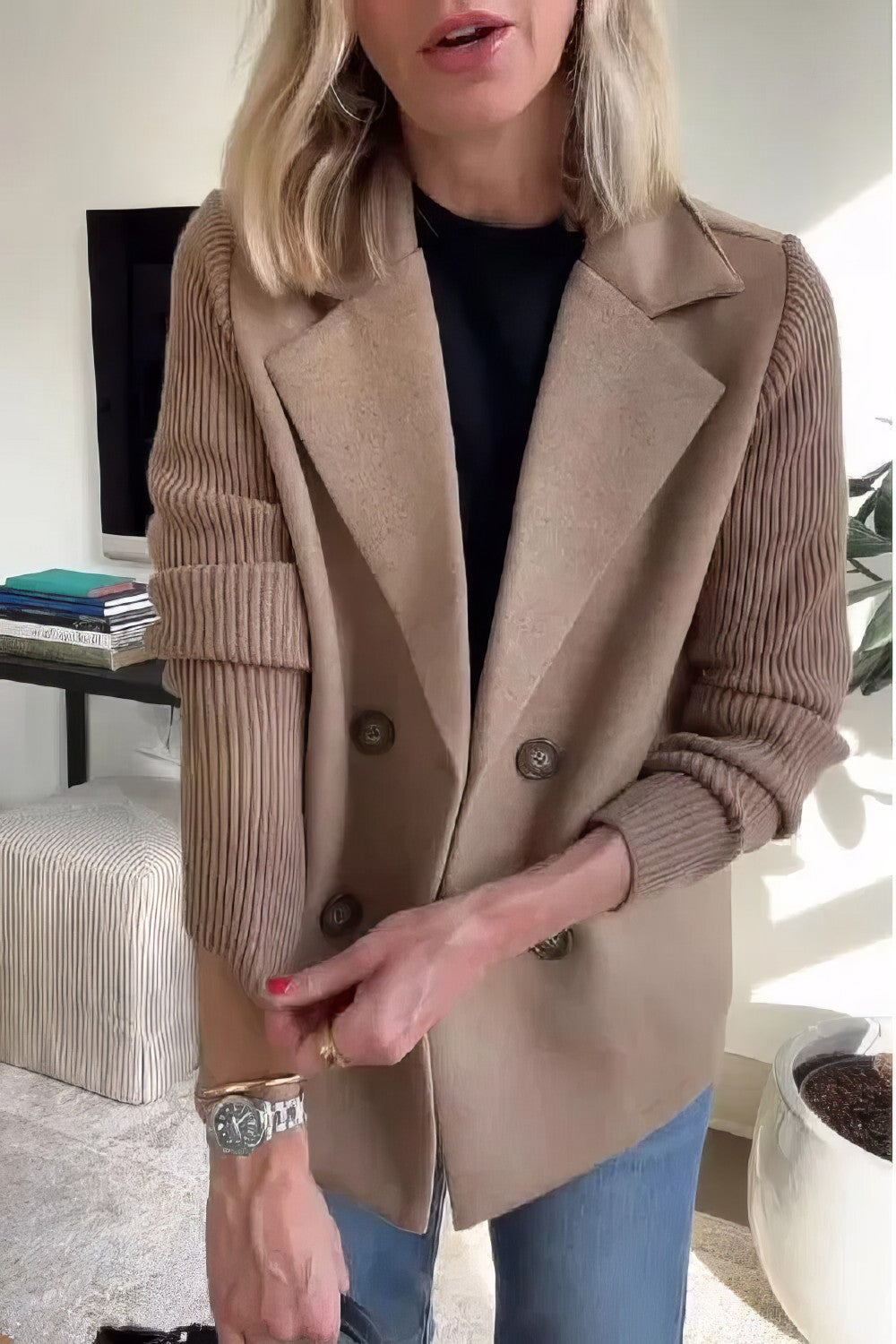 CASUAL KNIT COAT  -WITH BUTTONS AND PATCHWORK SLEEVES FOR WOMEN