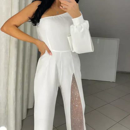 ASYMMETRICAL ONE-SHOULDER JUMPSUIT WITH FLARED TULLE SLEEVES