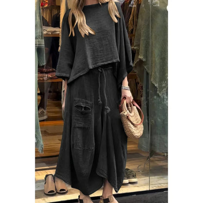 CASUAL TWO-PIECE SET: ROUND-NECK BLOUSE & LOOSE-FIT SKIRT