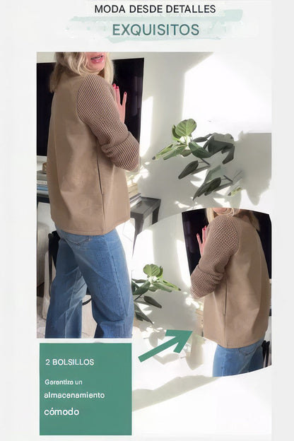 CASUAL KNIT COAT  -WITH BUTTONS AND PATCHWORK SLEEVES FOR WOMEN