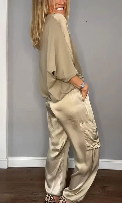 ELEGANT TWO-PIECE SATIN SET WITH BLOUSE AND CARGO PANTS