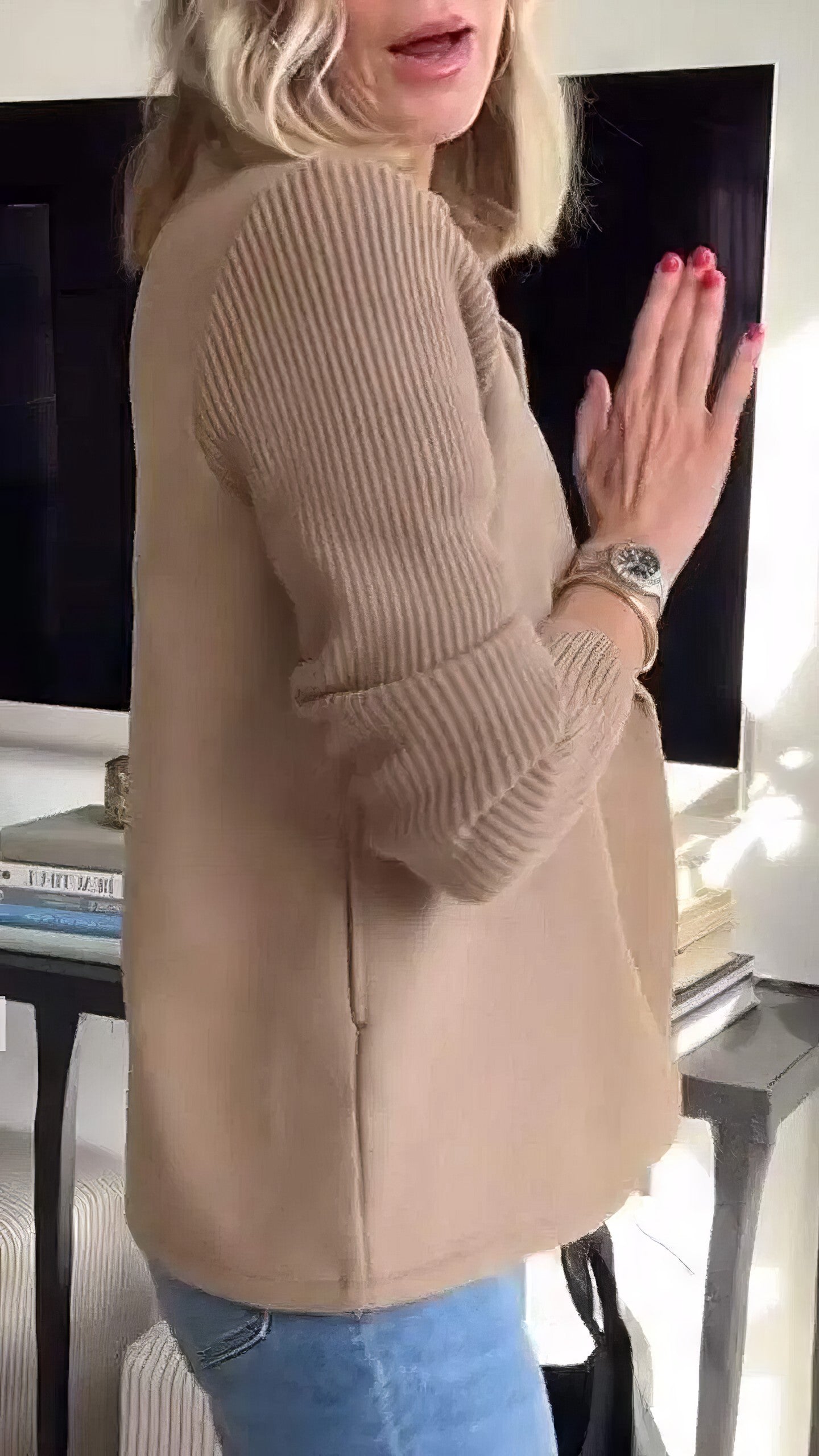 CASUAL KNIT COAT  -WITH BUTTONS AND PATCHWORK SLEEVES FOR WOMEN