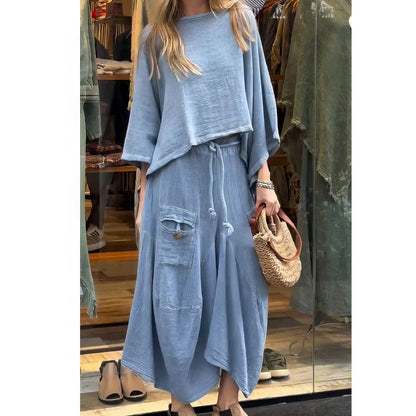 CASUAL TWO-PIECE SET: ROUND-NECK BLOUSE & LOOSE-FIT SKIRT