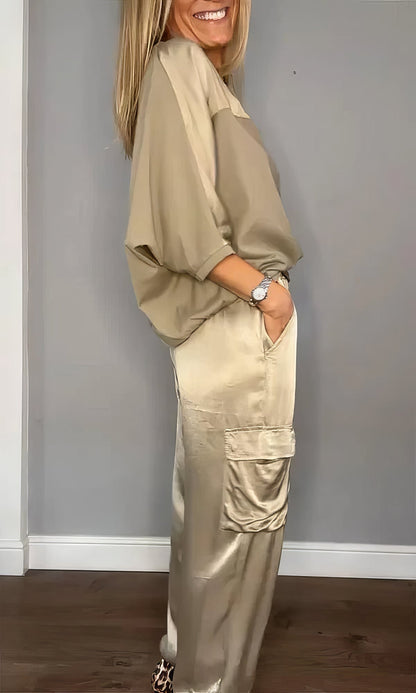 ELEGANT TWO-PIECE SATIN SET WITH BLOUSE AND CARGO PANTS