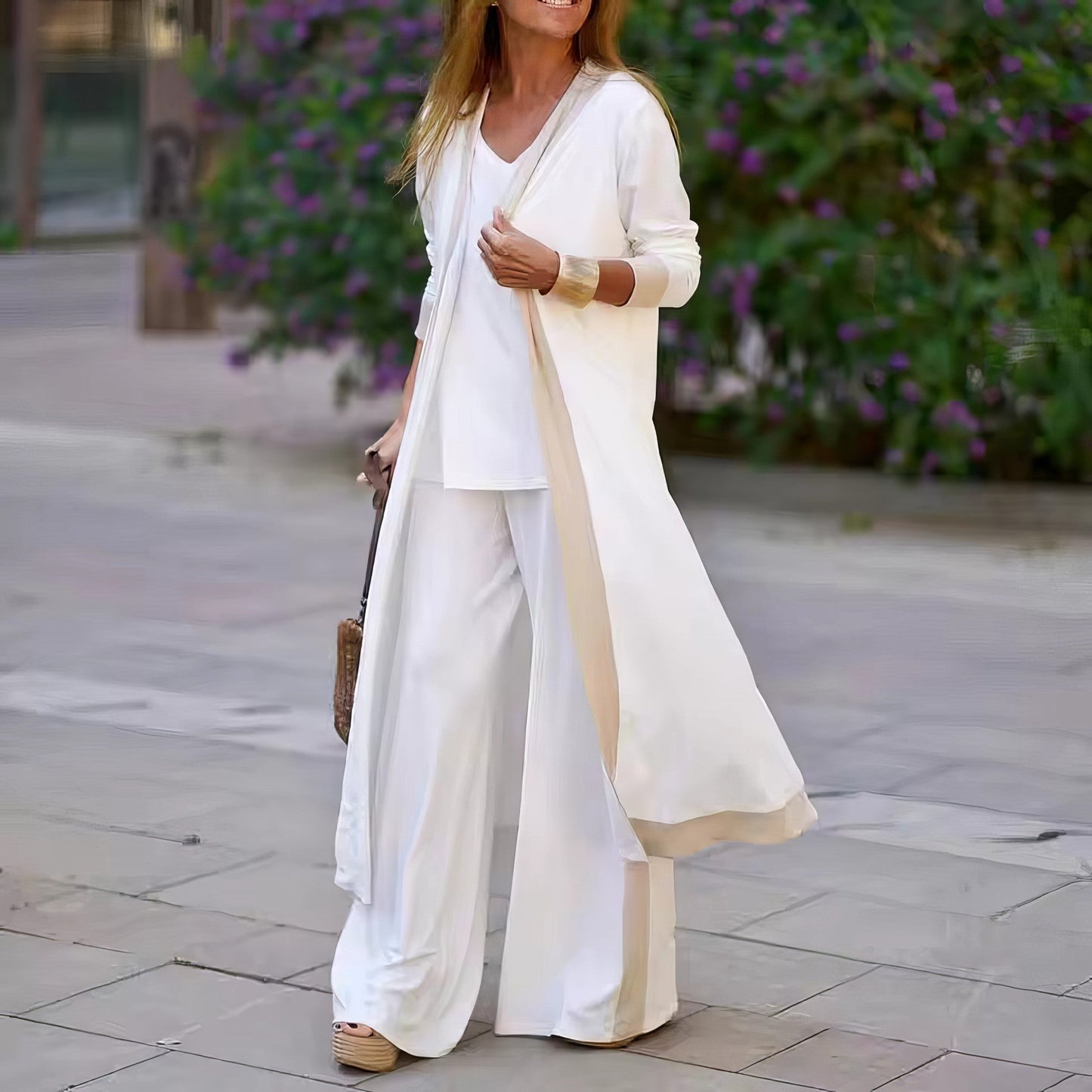 3-PIECE WOMEN’S SET- CARDIGAN, TOP & WIDE-LEG PANTS