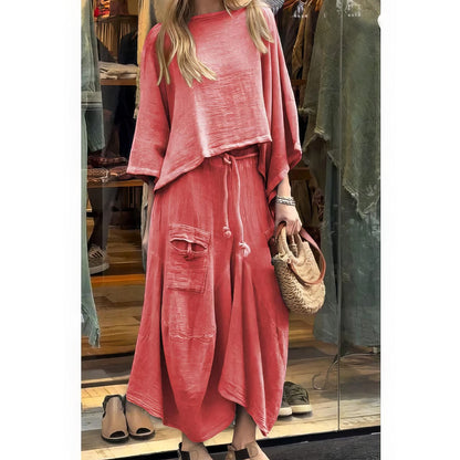 CASUAL TWO-PIECE SET: ROUND-NECK BLOUSE & LOOSE-FIT SKIRT