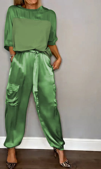 ELEGANT TWO-PIECE SATIN SET WITH BLOUSE AND CARGO PANTS