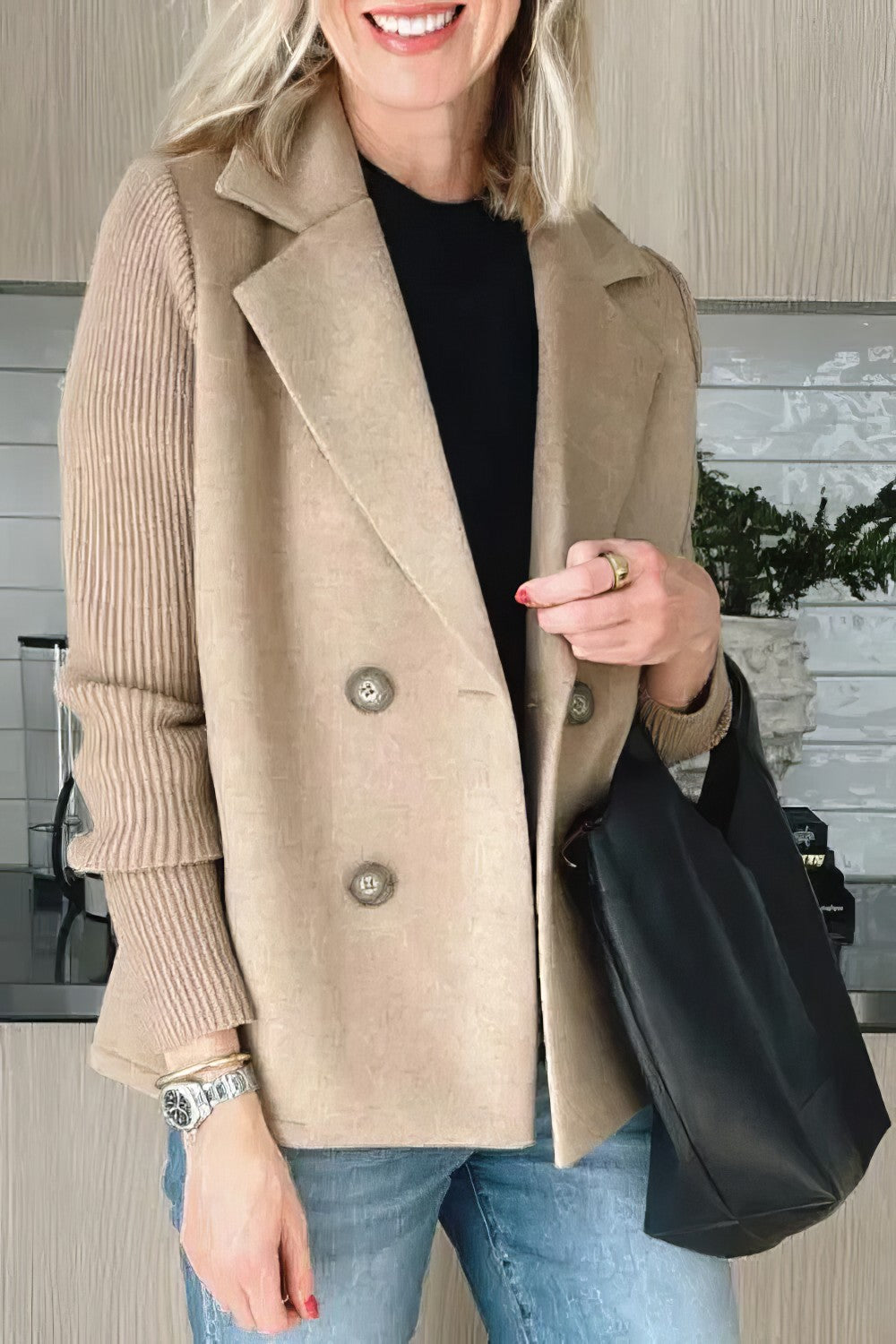 CASUAL KNIT COAT  -WITH BUTTONS AND PATCHWORK SLEEVES FOR WOMEN