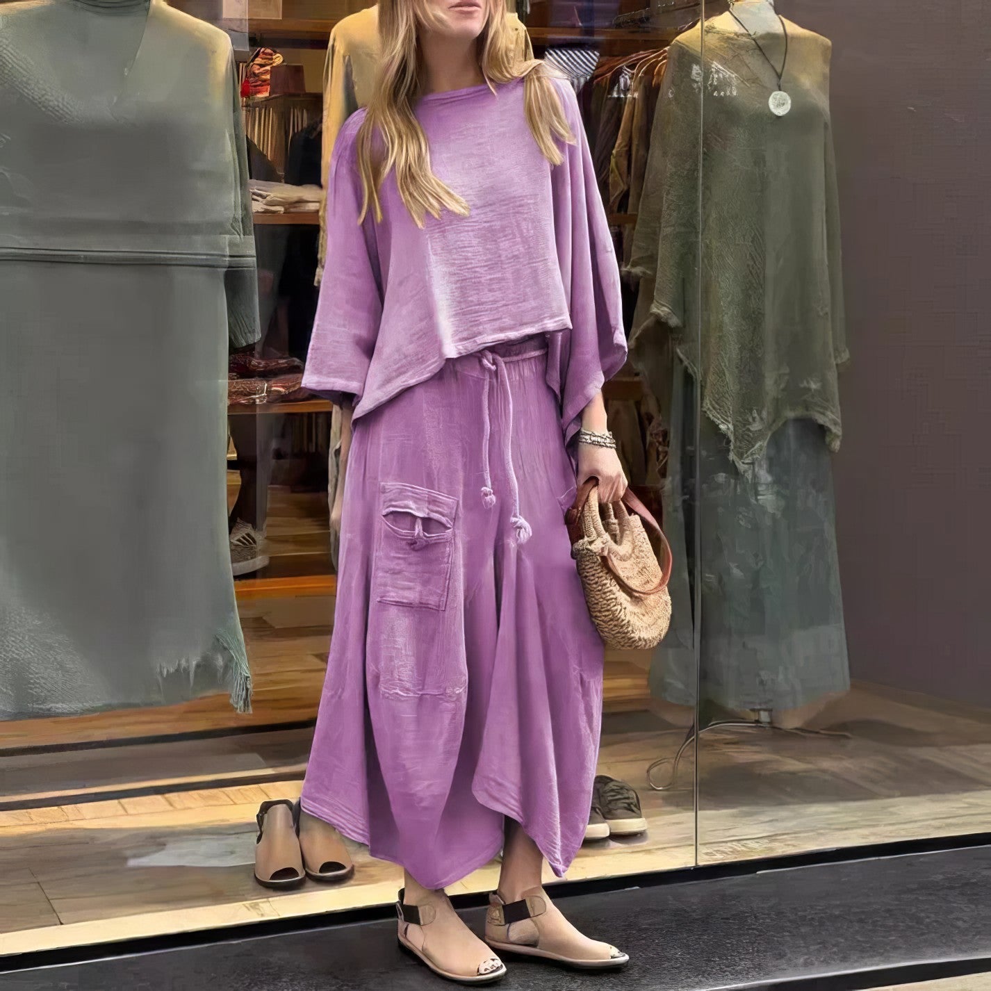 CASUAL TWO-PIECE SET: ROUND-NECK BLOUSE & LOOSE-FIT SKIRT