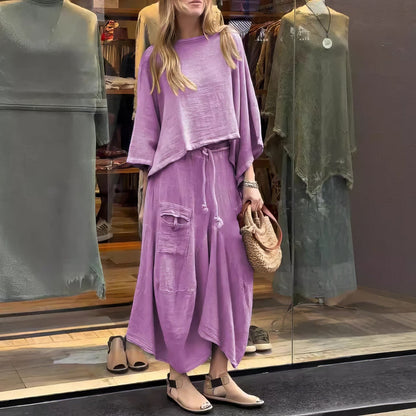 CASUAL TWO-PIECE SET: ROUND-NECK BLOUSE & LOOSE-FIT SKIRT