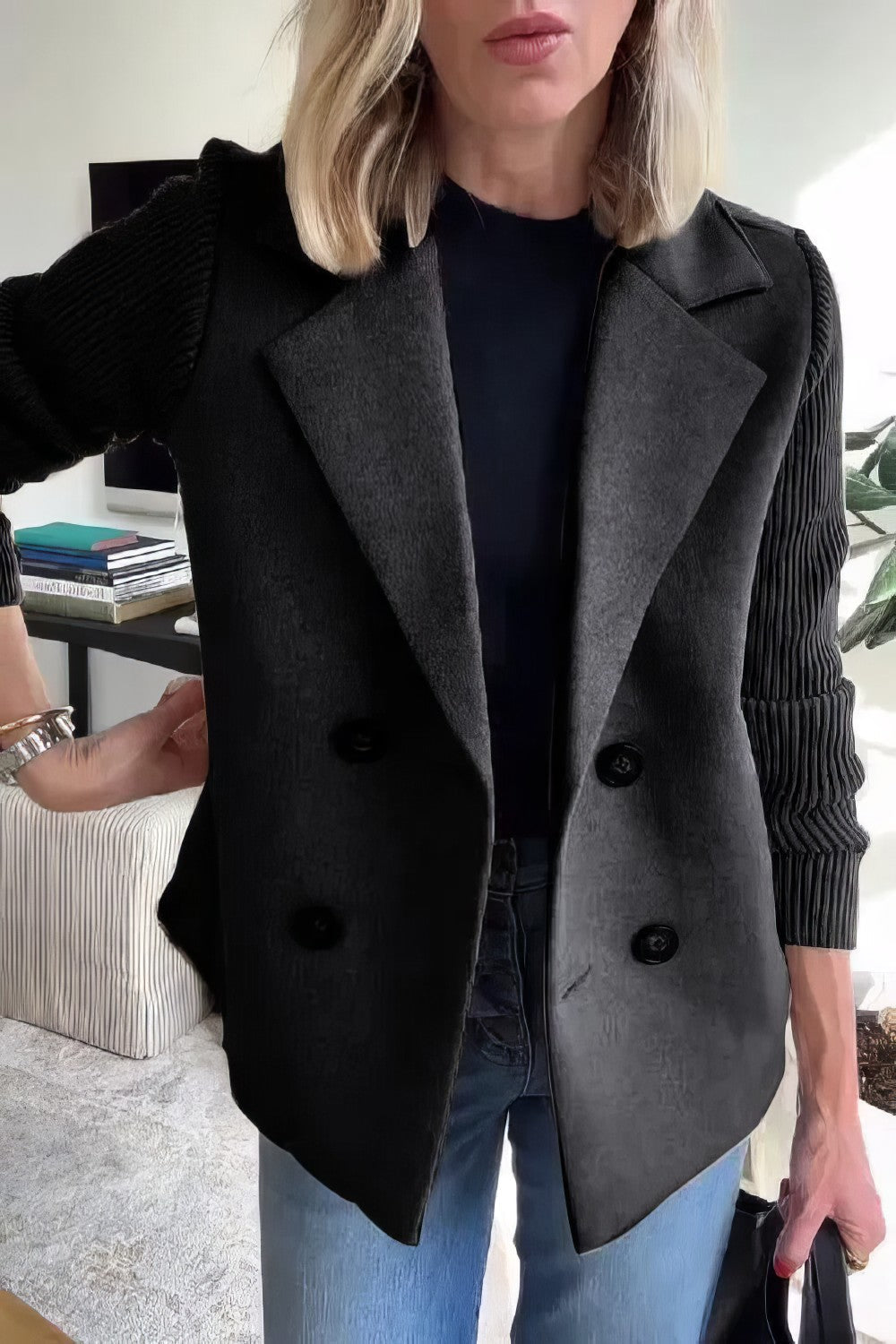 CASUAL KNIT COAT  -WITH BUTTONS AND PATCHWORK SLEEVES FOR WOMEN