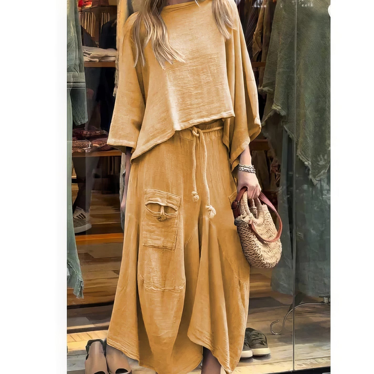 CASUAL TWO-PIECE SET: ROUND-NECK BLOUSE & LOOSE-FIT SKIRT
