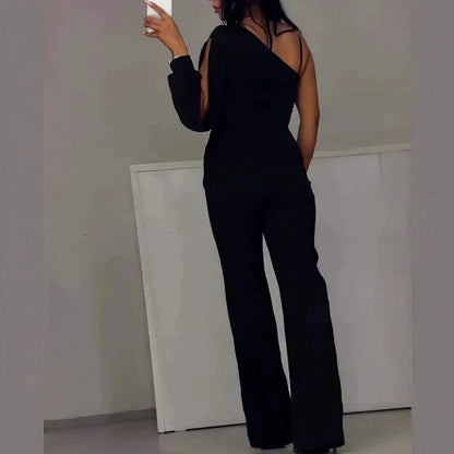 ASYMMETRICAL ONE-SHOULDER JUMPSUIT WITH FLARED TULLE SLEEVES