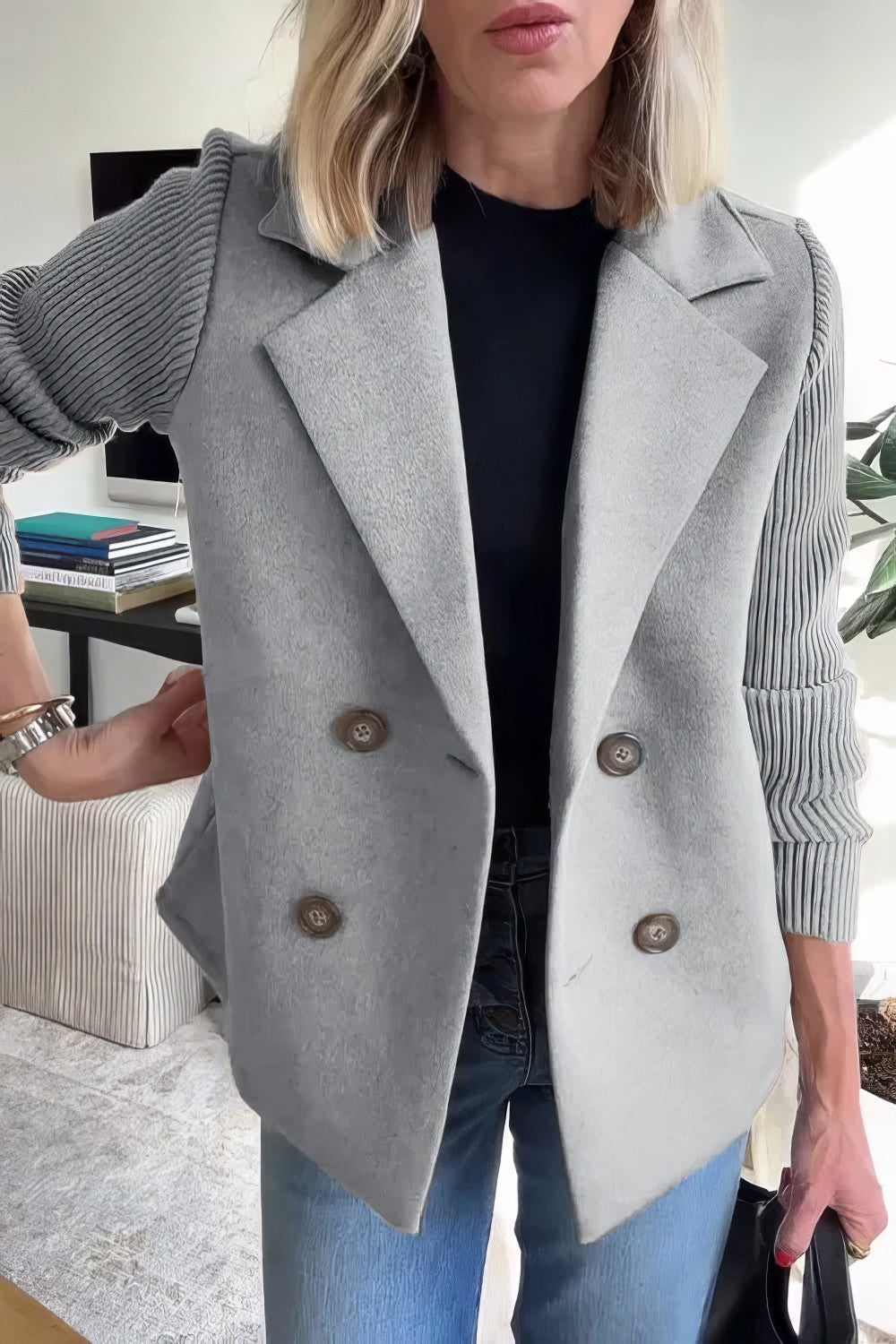 CASUAL KNIT COAT  -WITH BUTTONS AND PATCHWORK SLEEVES FOR WOMEN