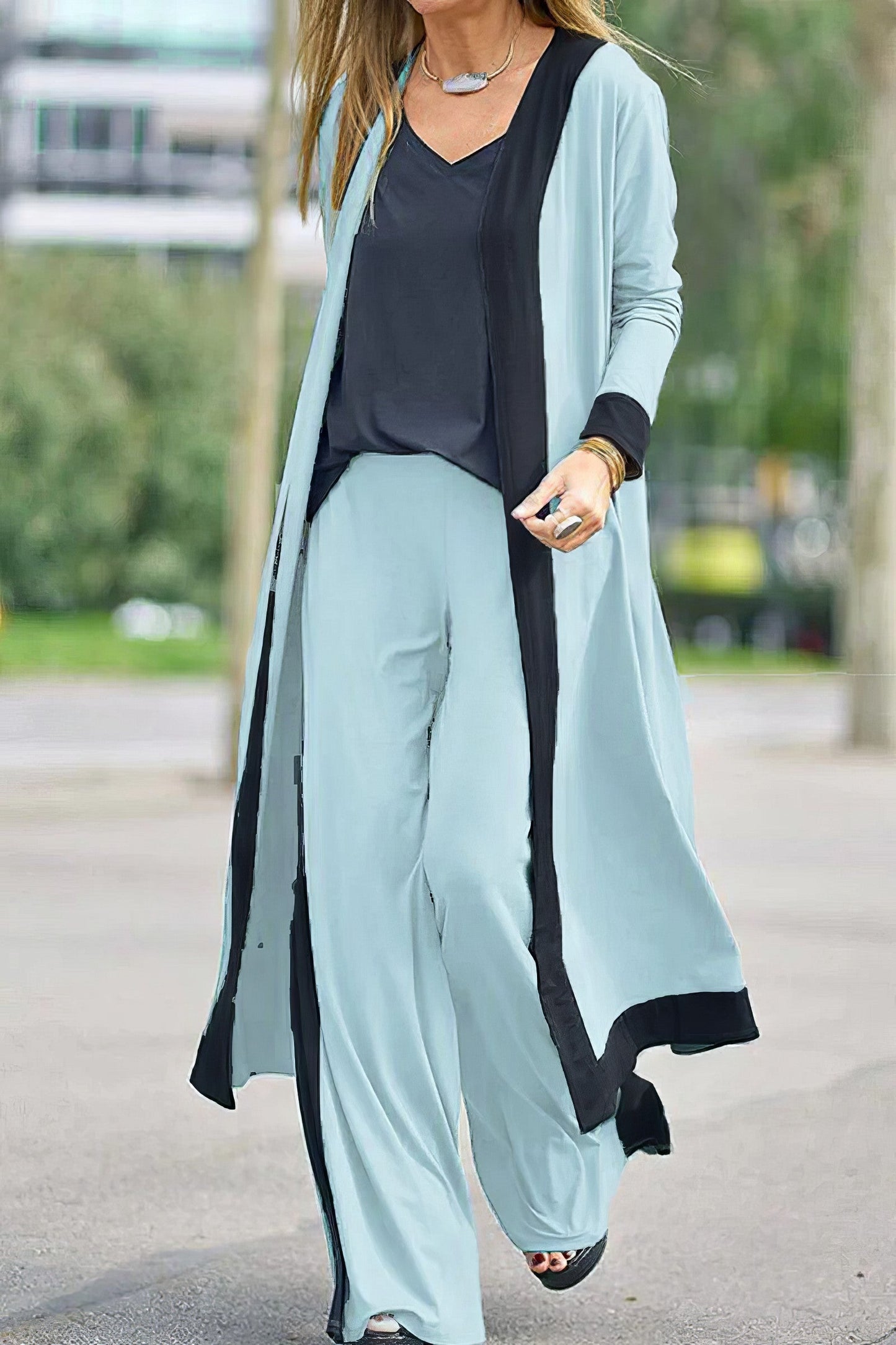 3-PIECE WOMEN’S SET- CARDIGAN, TOP & WIDE-LEG PANTS
