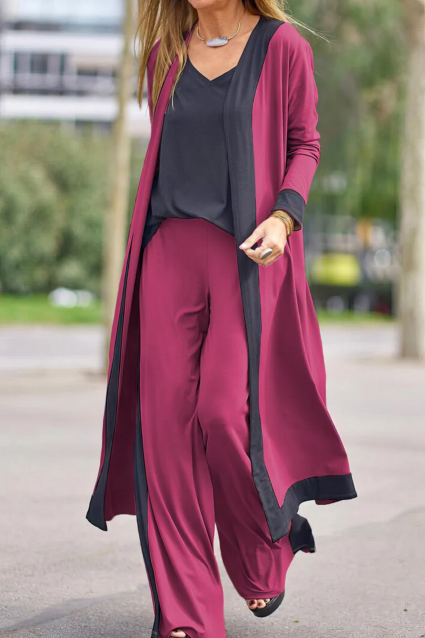 3-PIECE WOMEN’S SET- CARDIGAN, TOP & WIDE-LEG PANTS